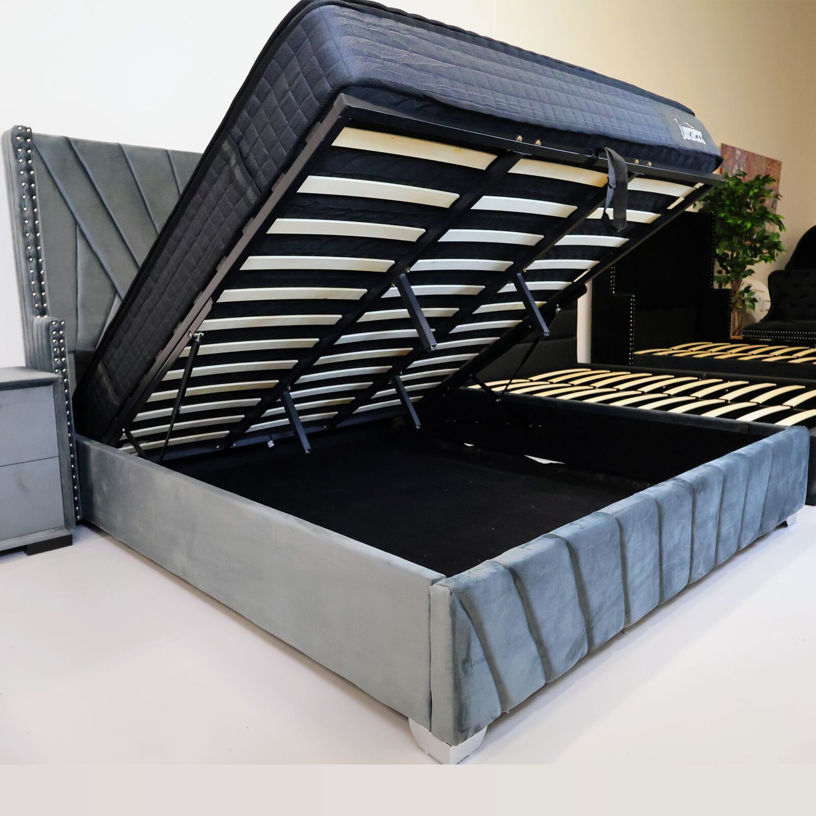 Luxe Velour Bed Frame High Head Board with Smart Storage Gas Lift Bed Grey5 Luxe Velour Bed Frame High Head Board With Smart Storage : Gas Lift Bed - Grey