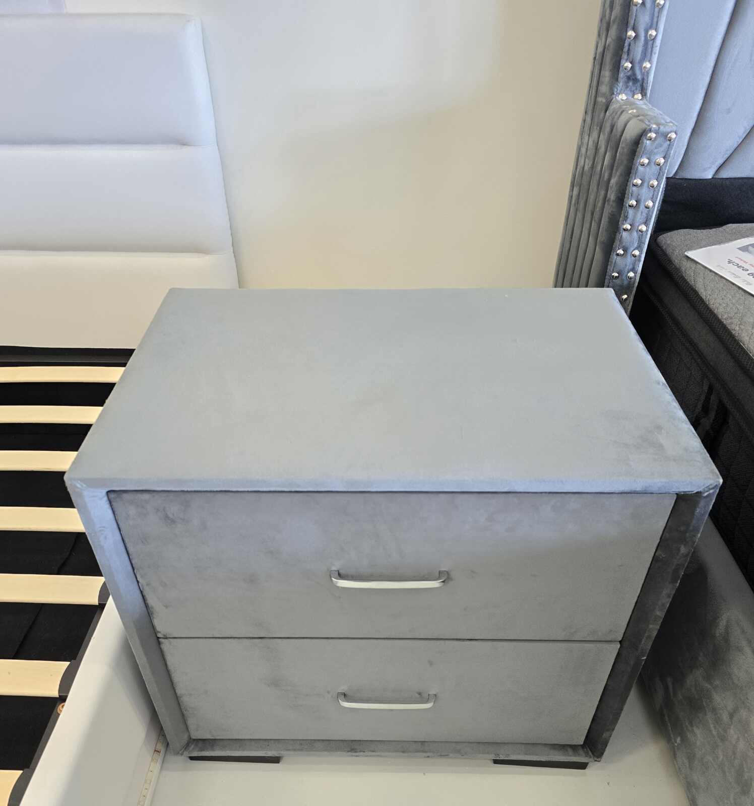20250615_130828 Grey Velvet 2-Drawer Bedside Table – Modern Elegance with Storage