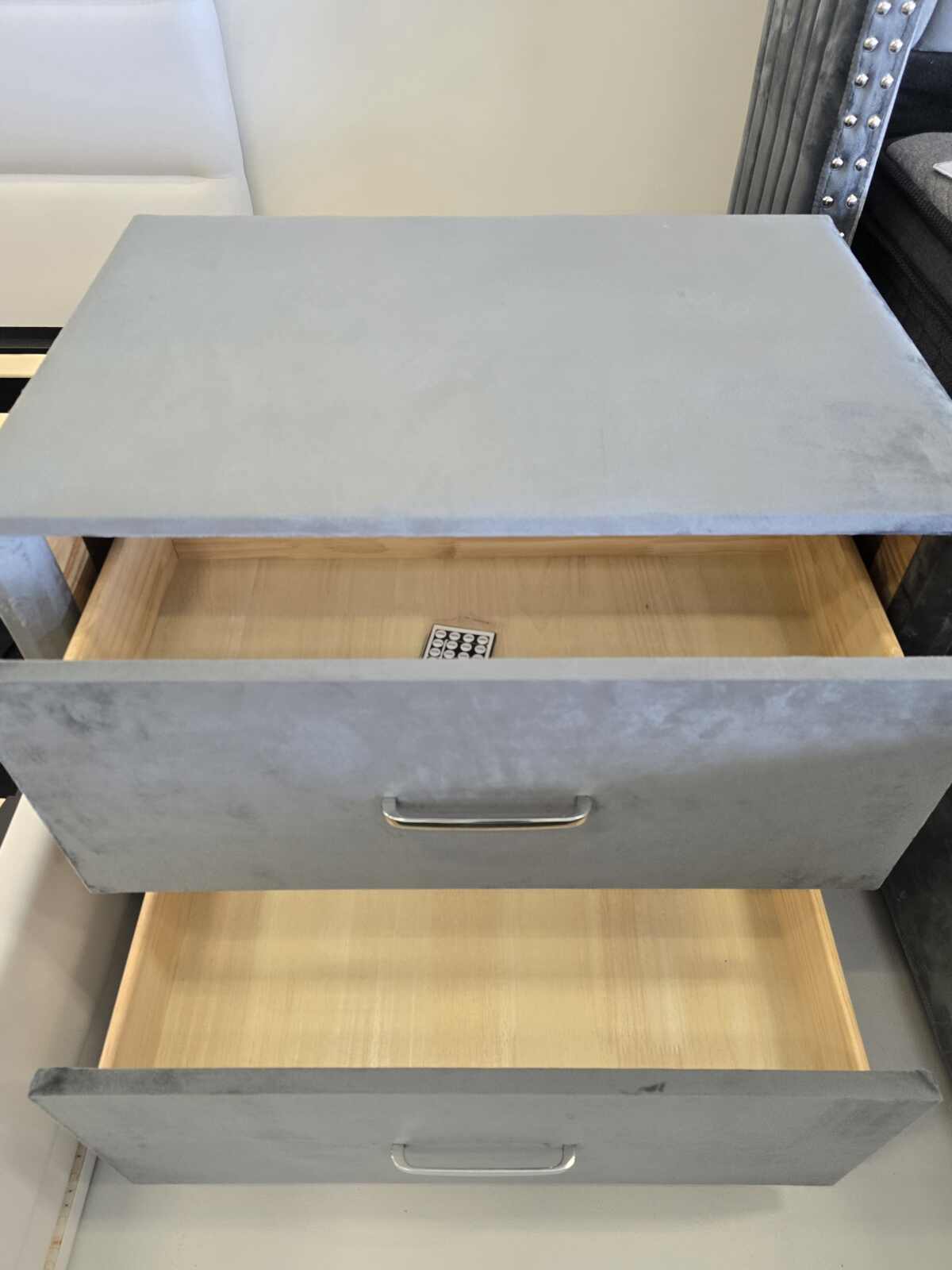 20250615_130837 Grey Velvet 2-Drawer Bedside Table – Modern Elegance with Storage