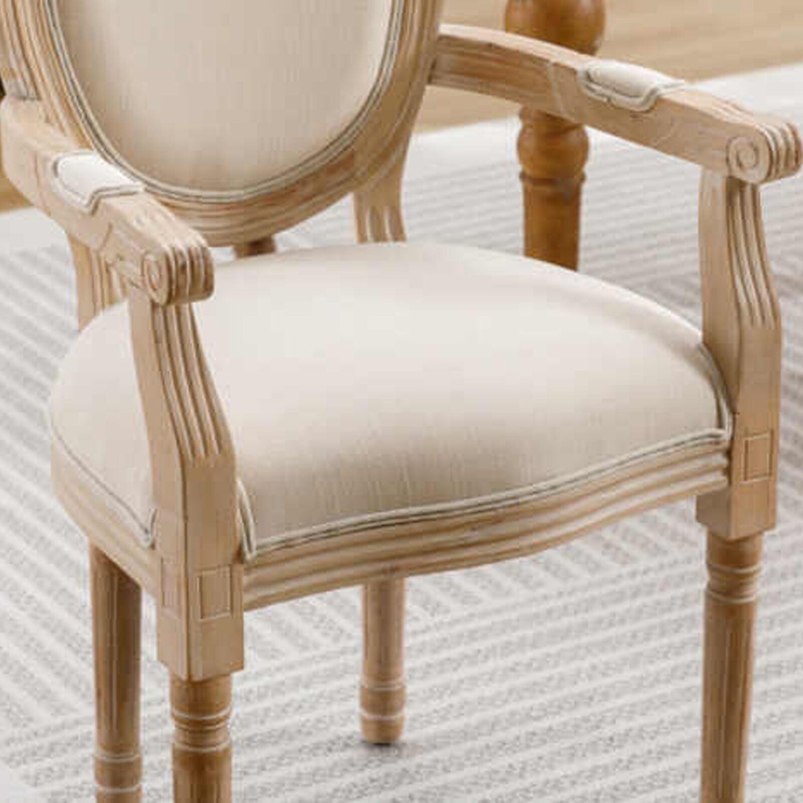 French Country Beige Linen Dining Armchair Light Wood6 Louis French Beige Linen Dining Armchair – Light Wood