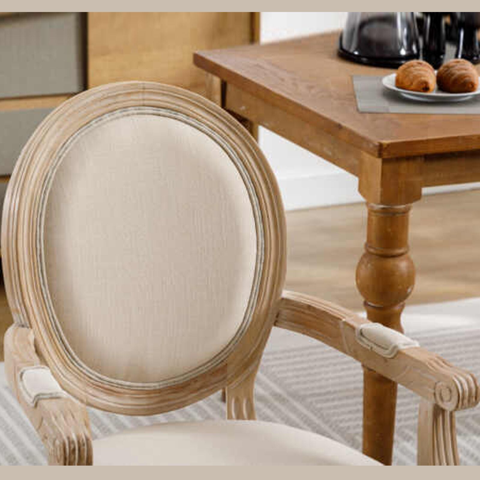 French Country Beige Linen Dining Armchair Light Wood7 Louis French Beige Linen Dining Armchair – Light Wood
