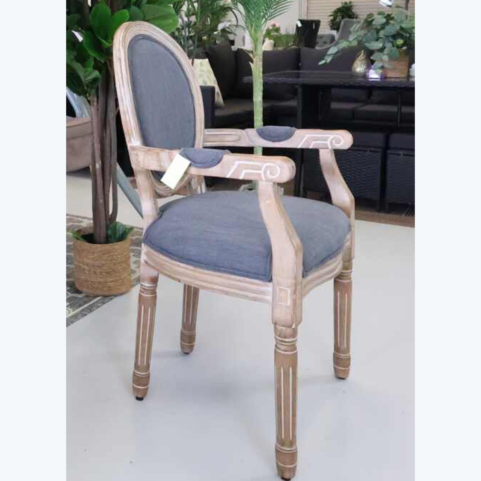 French Country Grey Linen Dining Armchair Dark Wood Louis French Grey Linen Dining Armchair - Dark Wood