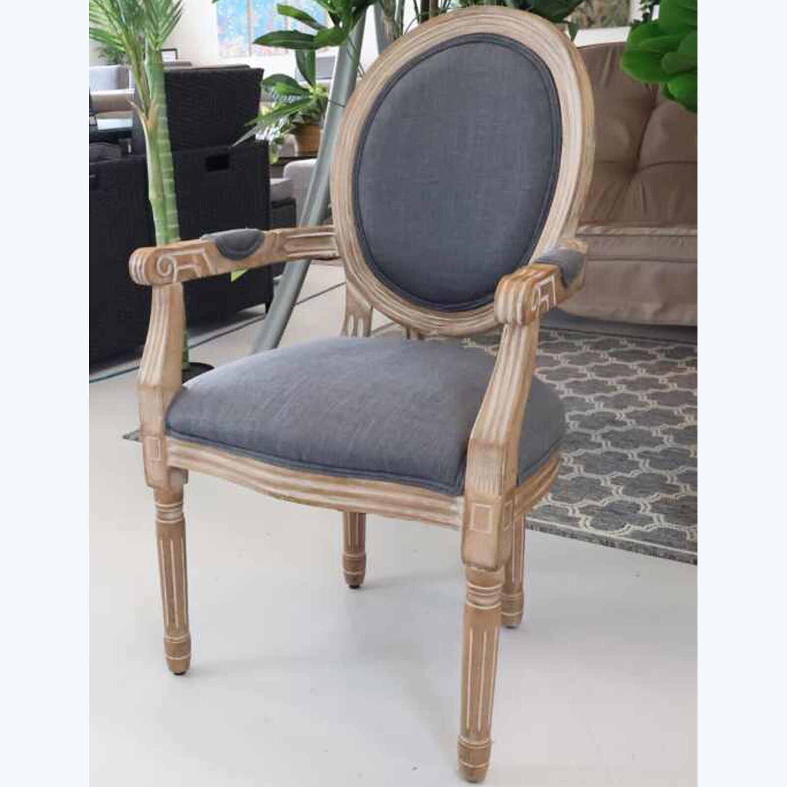 French Country Grey Linen Dining Armchair Dark Wood1 Louis French Grey Linen Dining Armchair - Dark Wood
