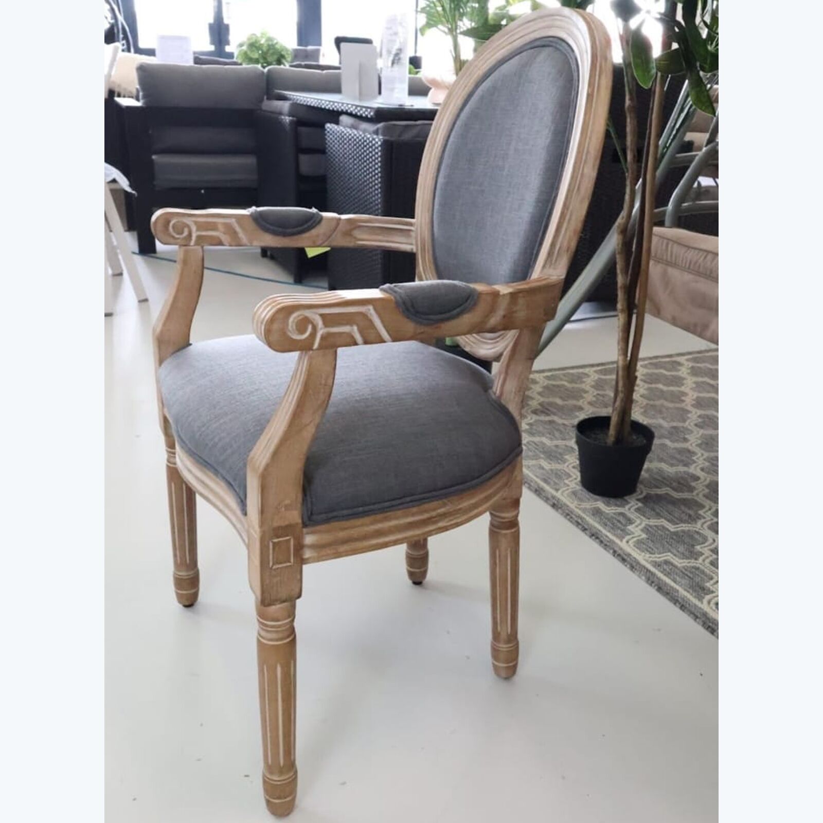 French Country Grey Linen Dining Armchair Dark Wood2 Louis French Grey Linen Dining Armchair - Dark Wood