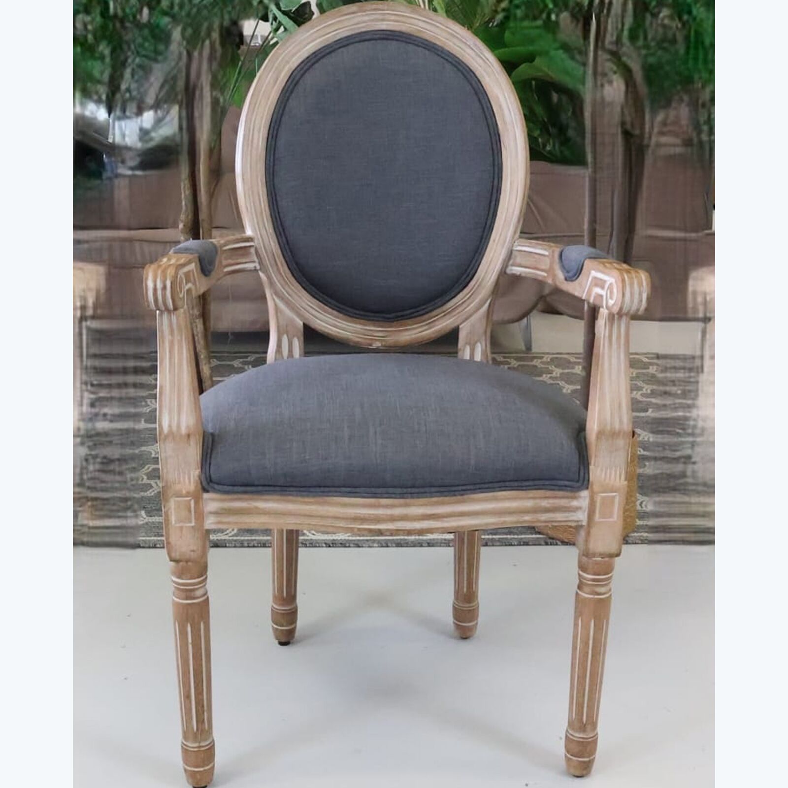 French Country Grey Linen Dining Armchair Dark Wood3 Louis French Grey Linen Dining Armchair - Dark Wood